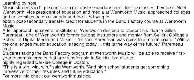 Wentworth Band Factory – Selkirk College Transfer Credit